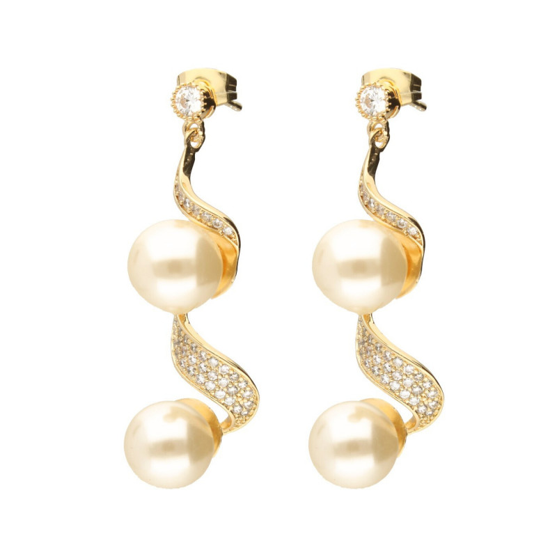 Kolczyki wiszące złote perły z cyrkoniami