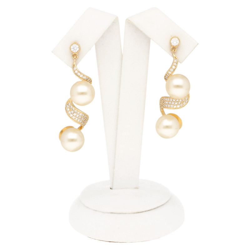 Kolczyki wiszące złote perły z cyrkoniami 2