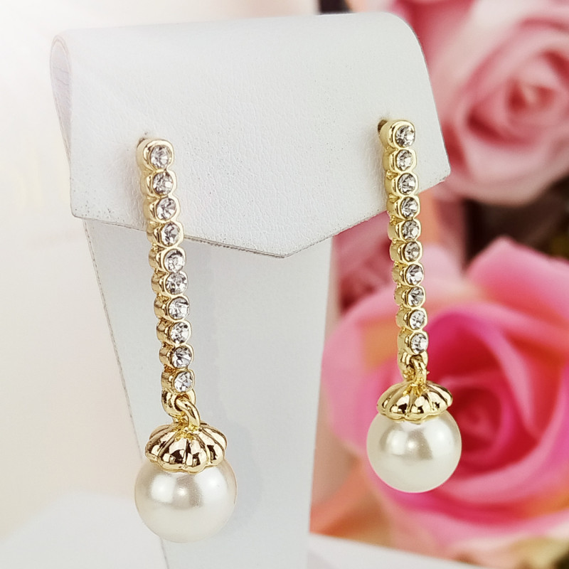 Kolczyki wiszące złote perły z cyrkoniami